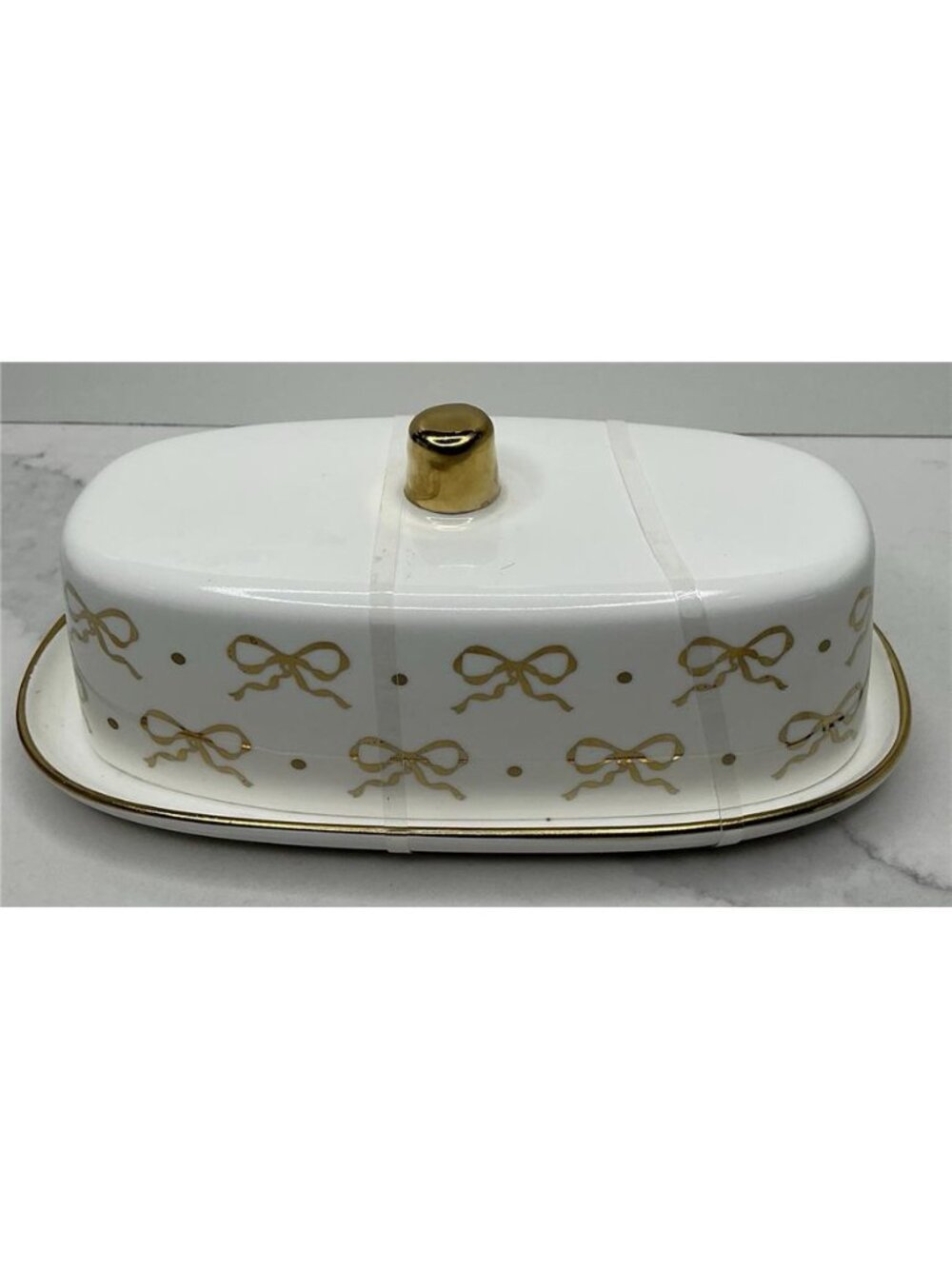 Yedi Butter Dish w Lid Gold Bows on White 8x4" Ceramic Coquette Bridal Bow Glam